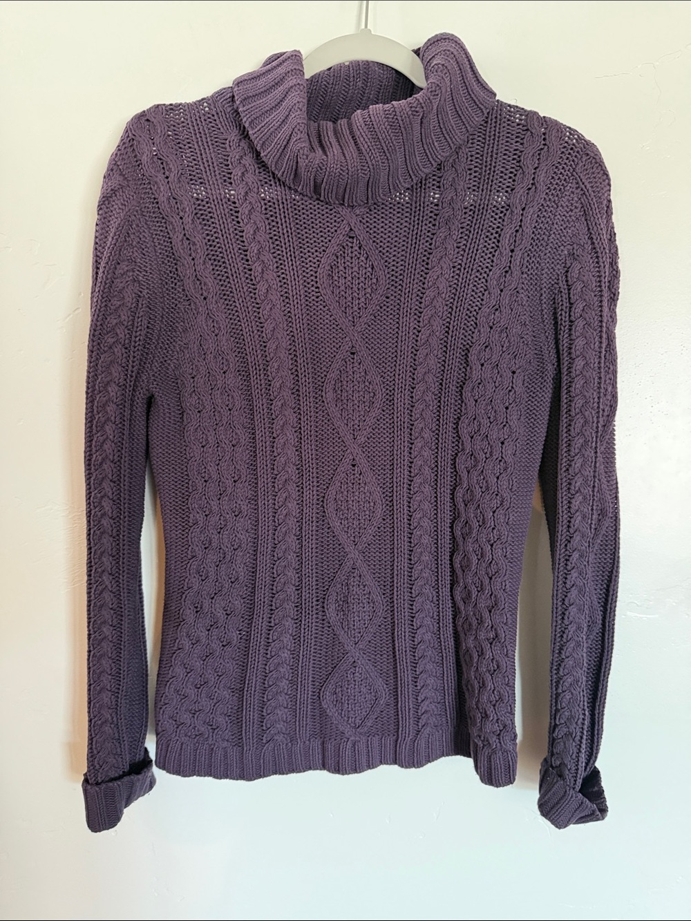 Eddie Bauer Cable Knit Turtleneck Sweater in Plum Purple